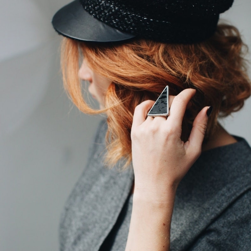 Black Glass Triangle Statement Ring - image 2